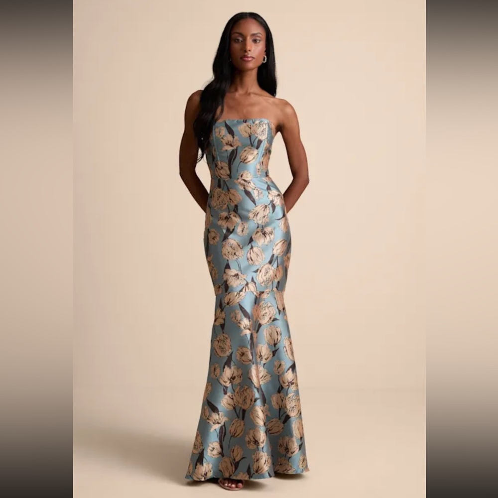Gowning Around Slate Blue Floral Jacquard Strapless Maxi Dress